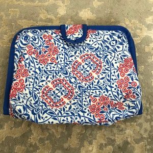 Blue and white with red flower designed travel makeup case